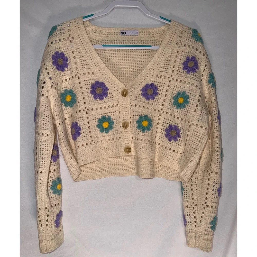 SO Goods For Life Floral Crochet Cardigan Sweater Cream Purple Teal Womens Small
